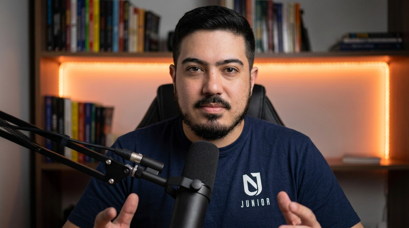 Junião em seu estúdio, diante do microfone